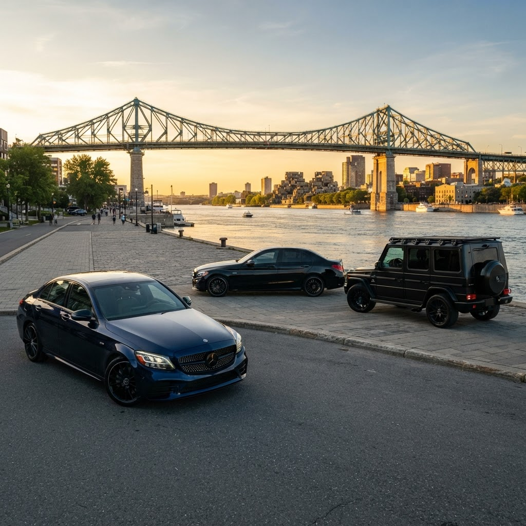 Dark blue Mercedes-Benz C300 on a Montreal street with the downtown skyline and Mount Royal cross in the background